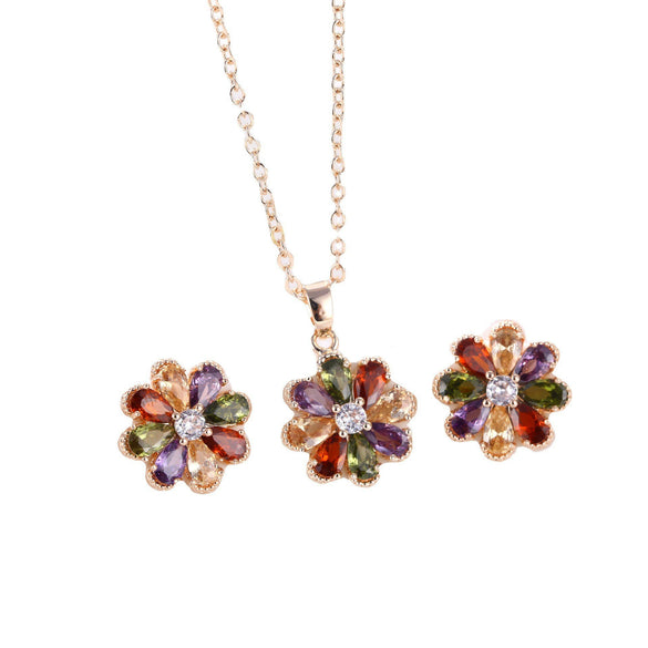 Wholesale Jewelry Copper Zircon Light Luxury Plant Flowers Ochain Earrings Necklace Set