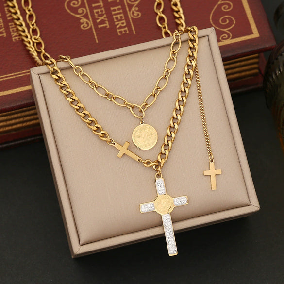 Wholesale Jewelry Cross Necklace Suit Coin Stainless Steel Multi Layer O Chain With Electroplating For Women