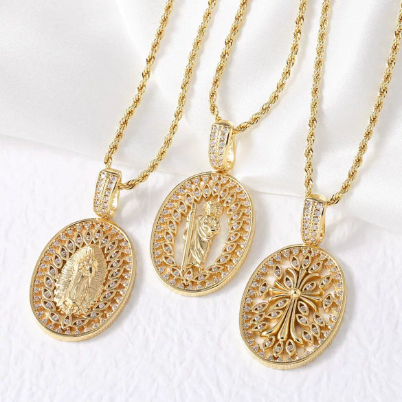 Wholesale Jewelry Cross Pendant Necklace Copper 18K Gold Plated Electroplating Geometric Style Box Chain