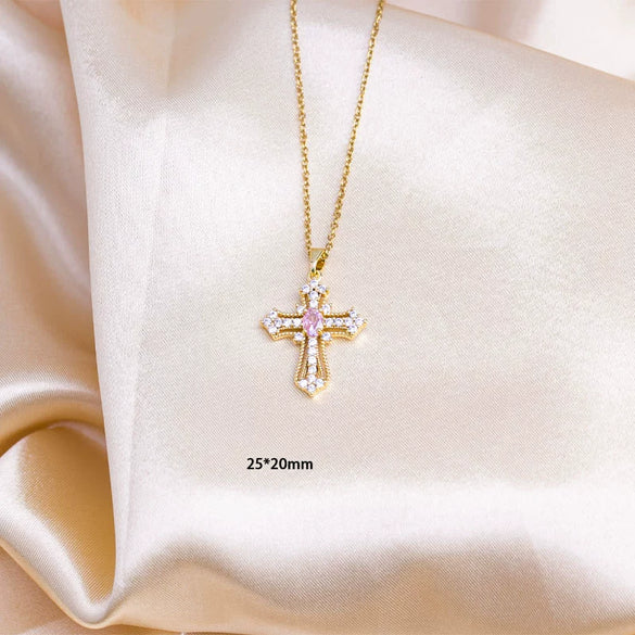 Wholesale Jewelry Cross Titanium Steel Mixed Gemstone Pendant Necklace With Electroplating Simple Design