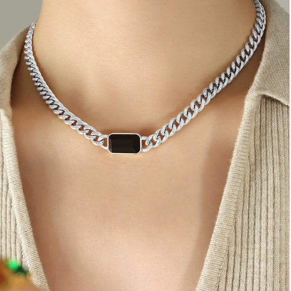 Wholesale Jewelry Cuban Chain 316L Stainless Steel Hip Hop Green Black Glass Stone Electroplated Necklace Bracelet For Women