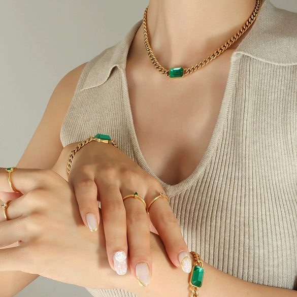 Wholesale Jewelry Cuban Chain 316L Stainless Steel Hip Hop Green Black Glass Stone Electroplated Necklace Bracelet For Women