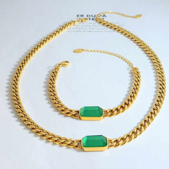 Wholesale Jewelry Cuban Chain 316L Stainless Steel Hip Hop Green Black Glass Stone Electroplated Necklace Bracelet For Women