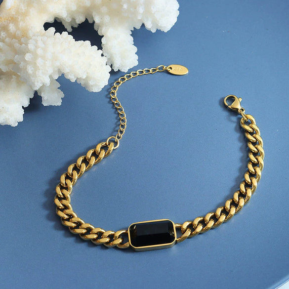 Wholesale Jewelry Cuban Chain 316L Stainless Steel Hip Hop Green Black Glass Stone Electroplated Necklace Bracelet For Women