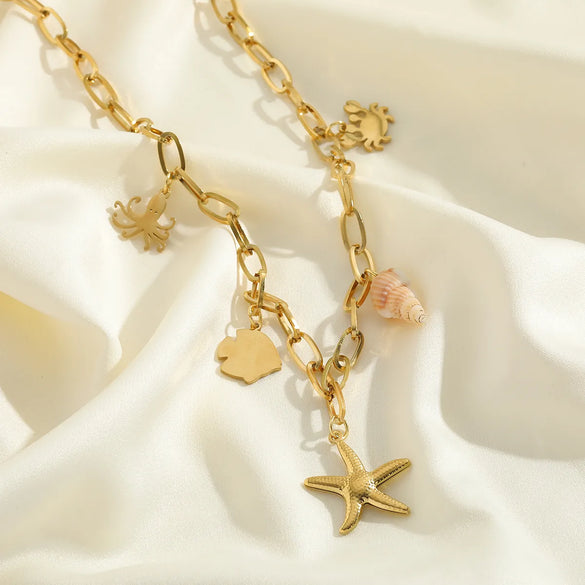 Wholesale Jewelry Cute Beach Starfish Conch Fish 304 Stainless Steel 18K Gold Plated Multi Charms Necklace Paperclip Chain