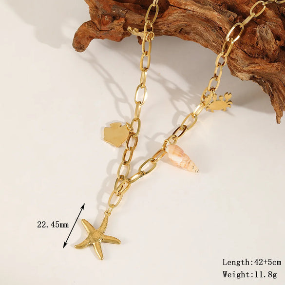 Wholesale Jewelry Cute Beach Starfish Conch Fish 304 Stainless Steel 18K Gold Plated Multi Charms Necklace Paperclip Chain