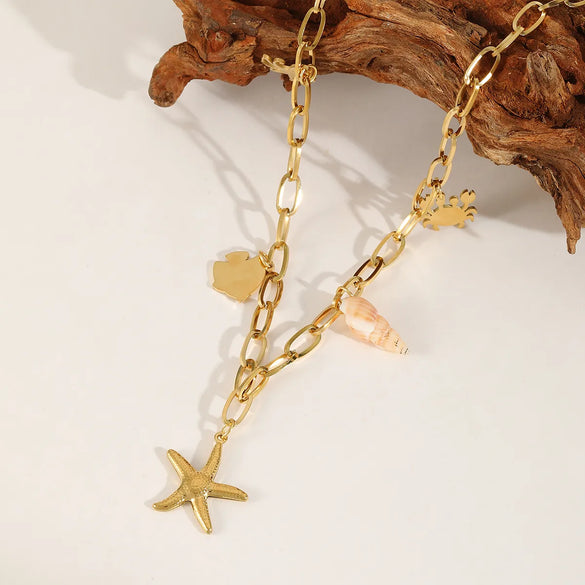 Wholesale Jewelry Cute Beach Starfish Conch Fish 304 Stainless Steel 18K Gold Plated Multi Charms Necklace Paperclip Chain