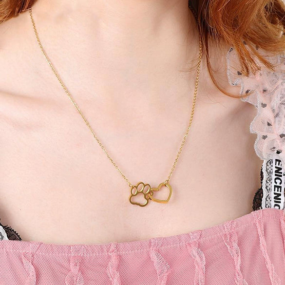 Wholesale Jewelry Cute Cat Paw Print Peach Heart Stainless Steel Necklace With Electroplating Treatment