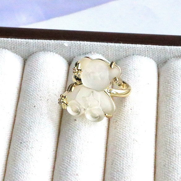 Wholesale Jewelry Cute Resin Animal Bear Inlaid Zirconium Electroplated Open Ring For Women