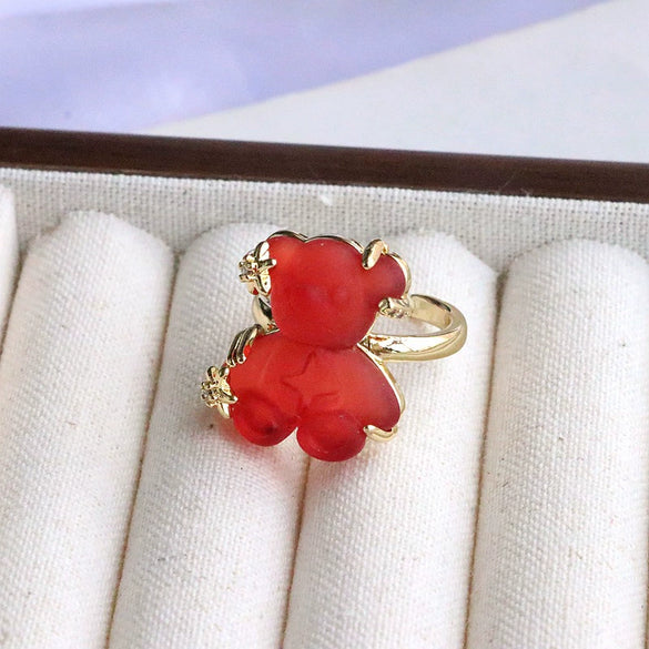 Wholesale Jewelry Cute Resin Animal Bear Inlaid Zirconium Electroplated Open Ring For Women