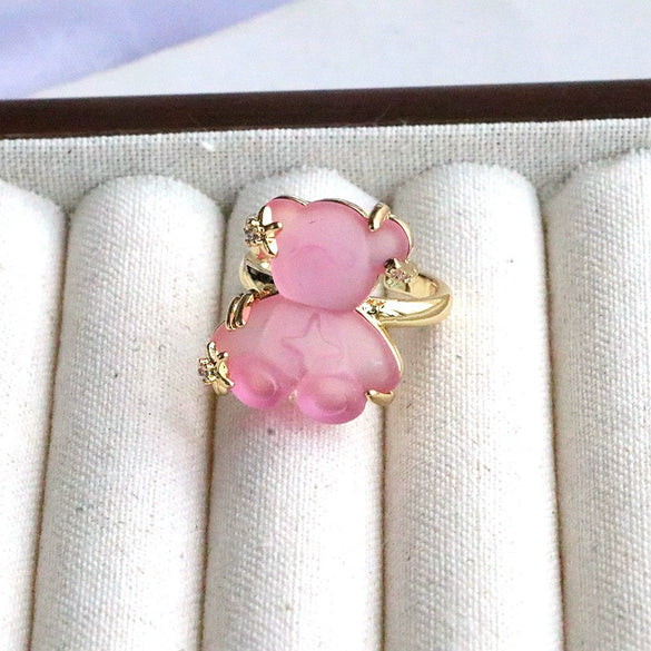 Wholesale Jewelry Cute Resin Animal Bear Inlaid Zirconium Electroplated Open Ring For Women