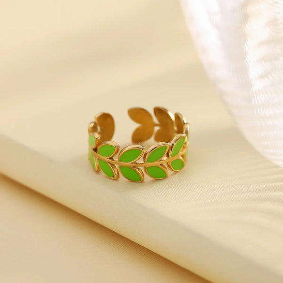 Wholesale Jewelry Cute Romantic Pastoral Leaves Heart Shape Snake 304 Stainless Steel 18K Gold Plated Enamel Rings