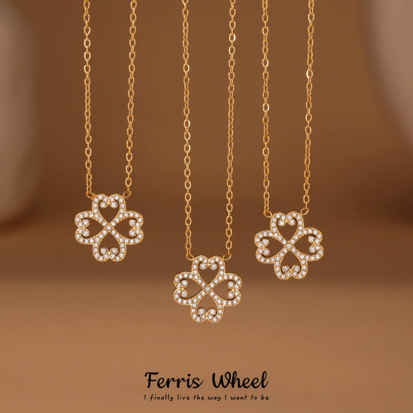 Wholesale Jewelry Diamond Heartshaped Hollow Fourleaf Clover Pendant Necklace Bracelet Set For Women Stainless Steel Zircon Titanium Steel Electroplated