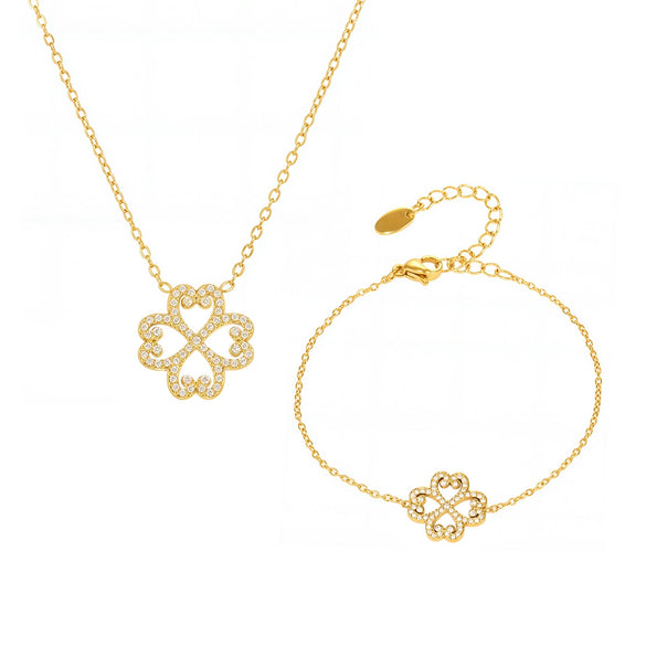 Wholesale Jewelry Diamond Heartshaped Hollow Fourleaf Clover Pendant Necklace Bracelet Set For Women Stainless Steel Zircon Titanium Steel Electroplated