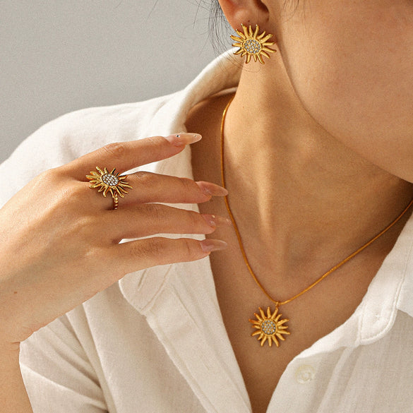 Wholesale Jewelry Diamond Sunflower Necklace Open Ring Earrings For Women Titanium Steel Stainless Steel Electroplated Flower Shape