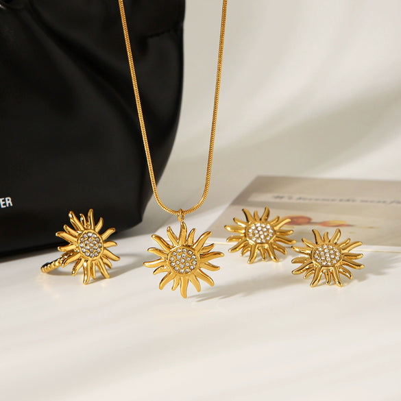Wholesale Jewelry Diamond Sunflower Necklace Open Ring Earrings For Women Titanium Steel Stainless Steel Electroplated Flower Shape