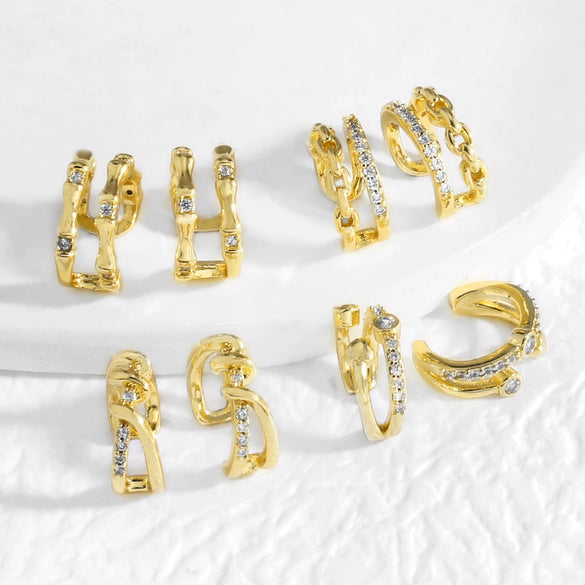 Wholesale Jewelry Doublelayer Ear Bone Clip Copper Geometric Style 18K Gold Plated Earrings