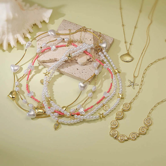 Wholesale Jewelry Elegant Animal Zodiac Copper O Word Chain Starfish Scallop Pearl Clavicle Necklace For Women Electroplated