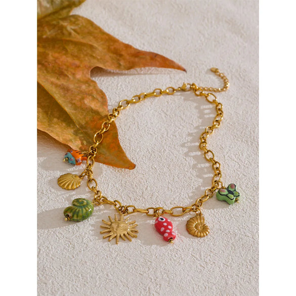 Wholesale Jewelry Elegant Beach Sweet Sun Shell Fish 304 Stainless Steel Plating Cable Chain Necklace