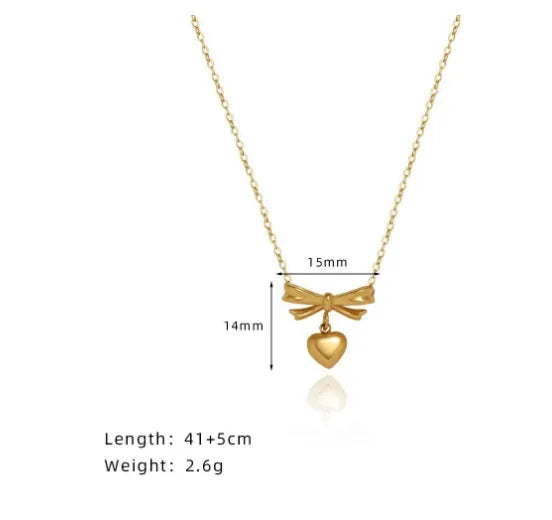 Wholesale Jewelry Elegant Classic Style Heart Shape Solid Color Bow Knot 304 Stainless Steel Titanium Steel 18K Gold Plated Pendant Necklace