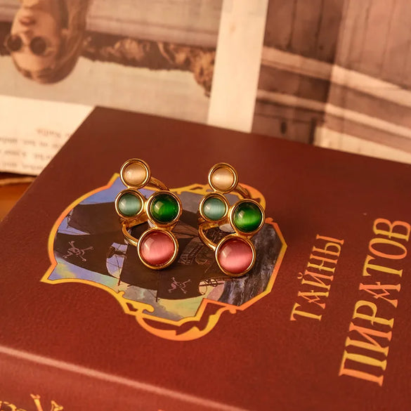 Wholesale Jewelry Elegant Cute Sweet Round 304 Stainless Steel Natural Stone 14K Gold Plated Plating Inlay Rings