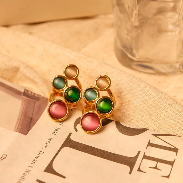 Wholesale Jewelry Elegant Cute Sweet Round 304 Stainless Steel Natural Stone 14K Gold Plated Plating Inlay Rings