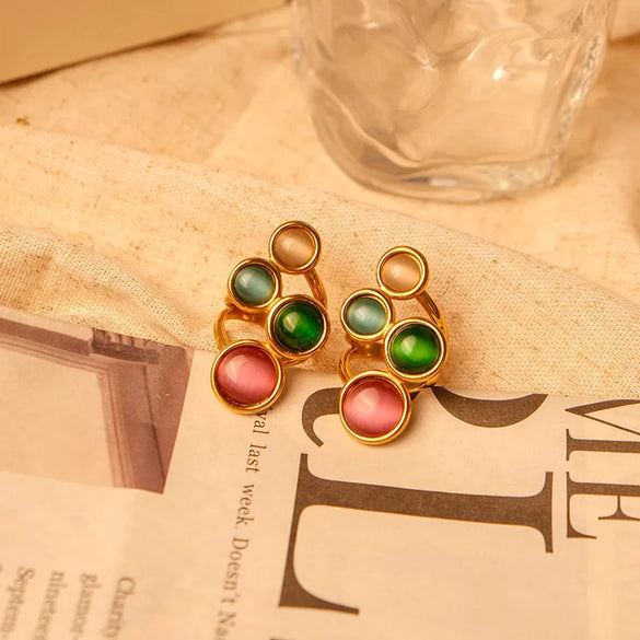 Wholesale Jewelry Elegant Cute Sweet Round 304 Stainless Steel Natural Stone 14K Gold Plated Plating Inlay Rings