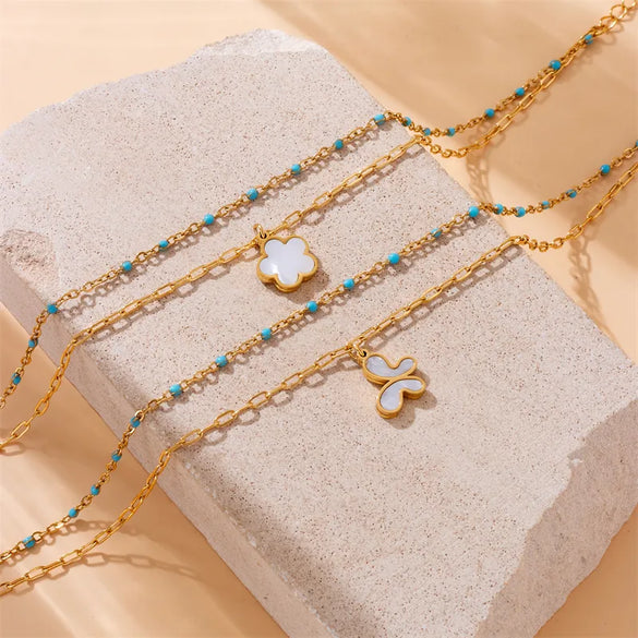 Wholesale Jewelry Elegant Hawaiian Streetwear Parthenocissus Grass Flower Butterfly 304 Stainless Steel Shell 18K Gold Plated Inlay Anklet