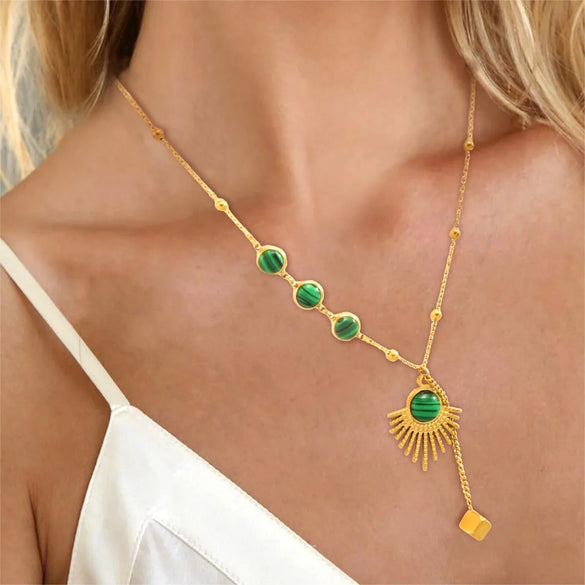 Wholesale Jewelry Elegant Luxurious Round Sector Square Titanium Steel Gem 18K Gold Plated Plating Inlay Pendant Necklace