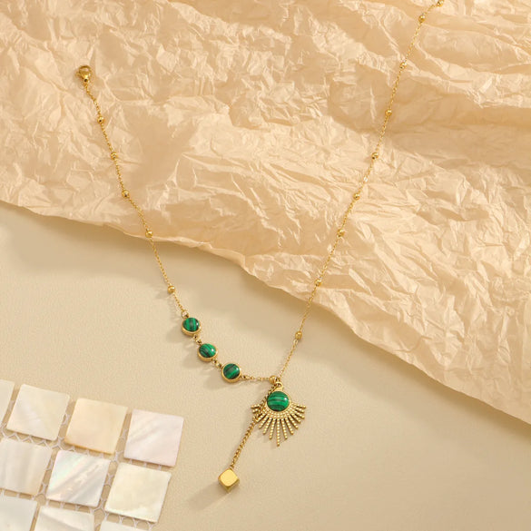 Wholesale Jewelry Elegant Luxurious Round Sector Square Titanium Steel Gem 18K Gold Plated Plating Inlay Pendant Necklace
