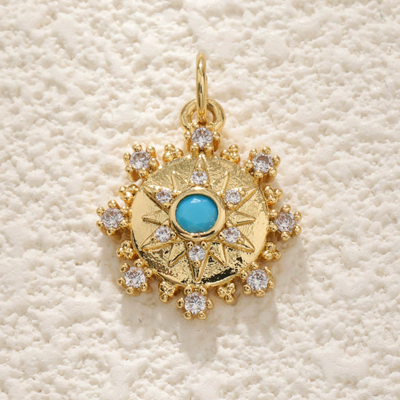 Wholesale Jewelry Elegant Natural Style Copper Plated Real Gold Sun Pendant Necklace With Zircon Eyes And Star Pattern