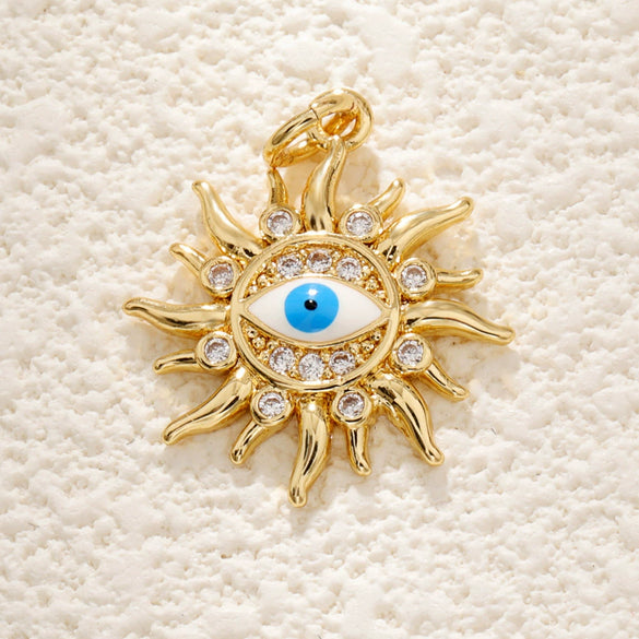 Wholesale Jewelry Elegant Natural Style Copper Plated Real Gold Sun Pendant Necklace With Zircon Eyes And Star Pattern