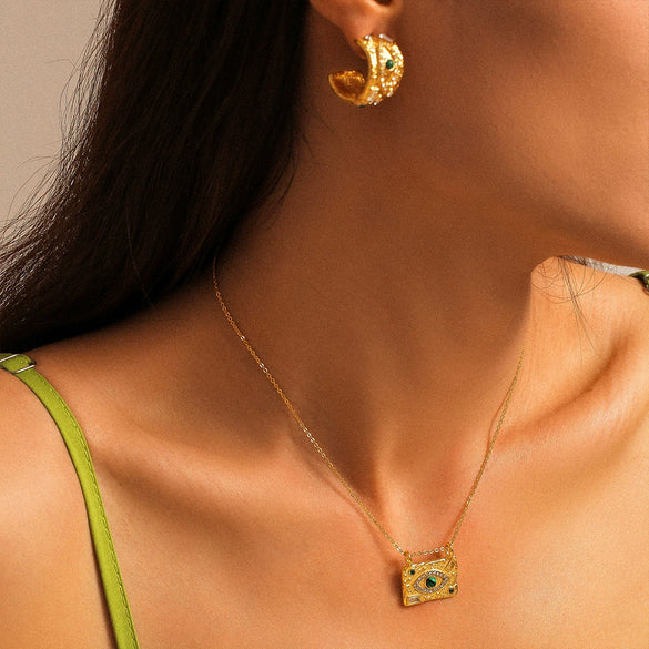 Wholesale Jewelry Elegant Retro Style Square Pendant Titanium Steel And Turquoise Electroplating Earrings And Necklace