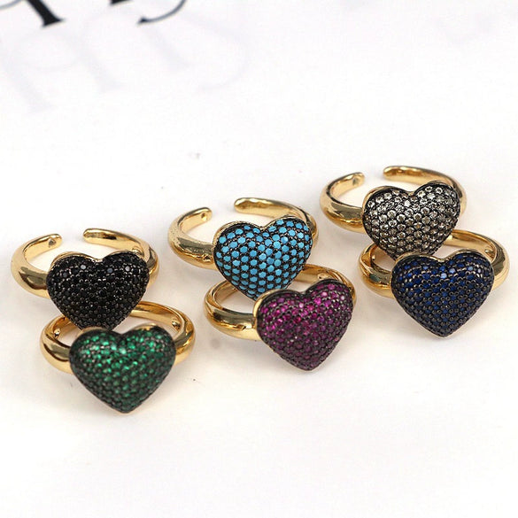 Wholesale Jewelry Elegant Simple Inlaid Color Zircon Heart Shape Copper Adjustable Ring With Electroplating For Women