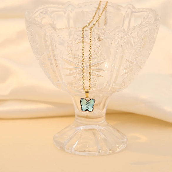 Wholesale Jewelry Elegant Simple Style Butterfly 304 Stainless Steel Glass 18K Gold Plated Plating Inlay Pendant Necklace