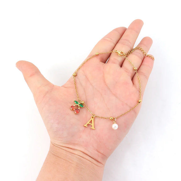 Wholesale Jewelry Elegant Simple Style Classic Style Letter Cherry 201 Stainless Steel 304 Stainless Steel Copper 18K Gold Plated Anklet