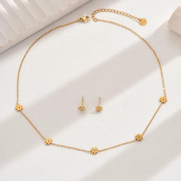 Wholesale Jewelry Elegant Simple Style Commute Flower 201 Stainless Steel 18K Gold Plated Earrings Necklace Jewelry Set