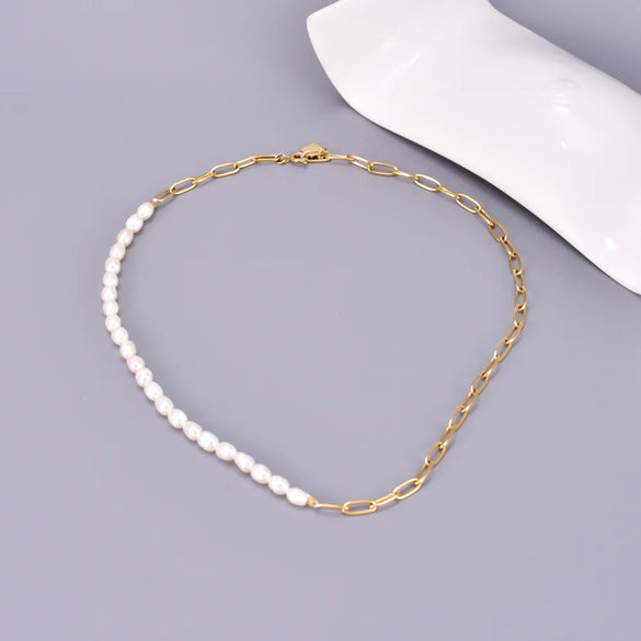 Wholesale Jewelry Elegant Simple Style Solid Color 304 Stainless Steel Freshwater Pearl Titanium Steel 18K Gold Plated Beaded Bracelets Necklace