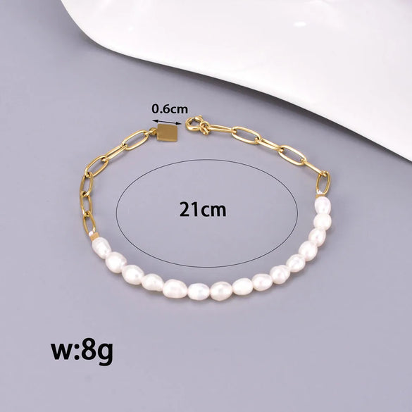 Wholesale Jewelry Elegant Simple Style Solid Color 304 Stainless Steel Freshwater Pearl Titanium Steel 18K Gold Plated Beaded Bracelets Necklace