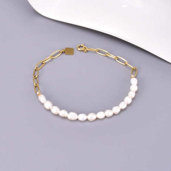 Wholesale Jewelry Elegant Simple Style Solid Color 304 Stainless Steel Freshwater Pearl Titanium Steel 18K Gold Plated Beaded Bracelets Necklace