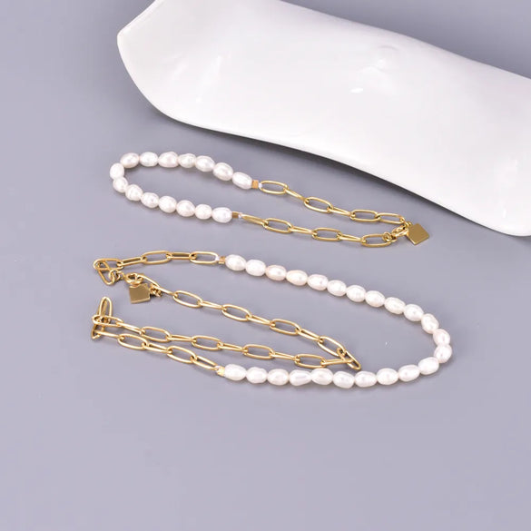 Wholesale Jewelry Elegant Simple Style Solid Color 304 Stainless Steel Freshwater Pearl Titanium Steel 18K Gold Plated Beaded Bracelets Necklace