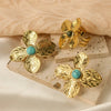 Wholesale Jewelry Elegant Sweet Flower 304 Stainless Steel Turquoise 14K Gold Plated Plating Inlay Rings Earrings Jewelry Set