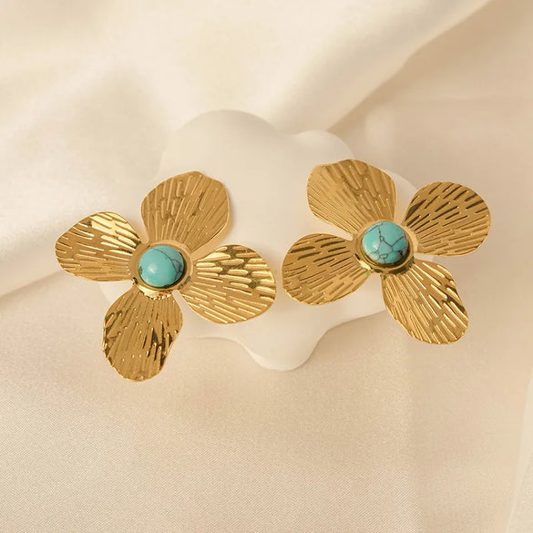 Wholesale Jewelry Elegant Sweet Flower 304 Stainless Steel Turquoise 14K Gold Plated Plating Inlay Rings Earrings Jewelry Set