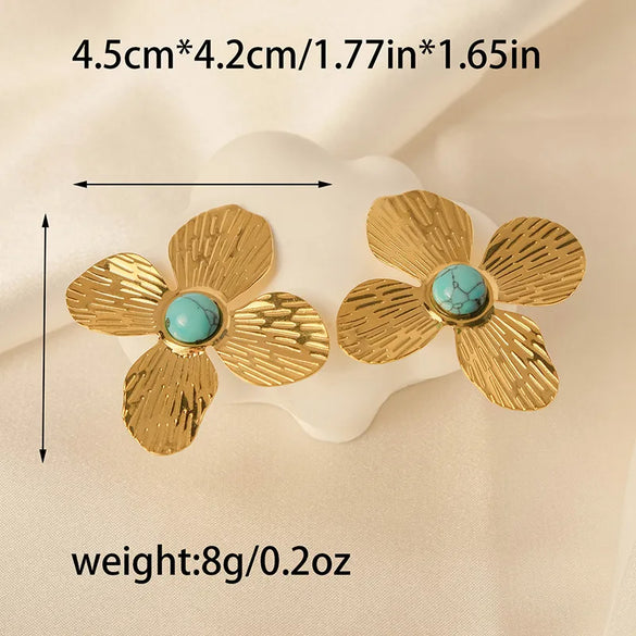 Wholesale Jewelry Elegant Sweet Flower 304 Stainless Steel Turquoise 14K Gold Plated Plating Inlay Rings Earrings Jewelry Set