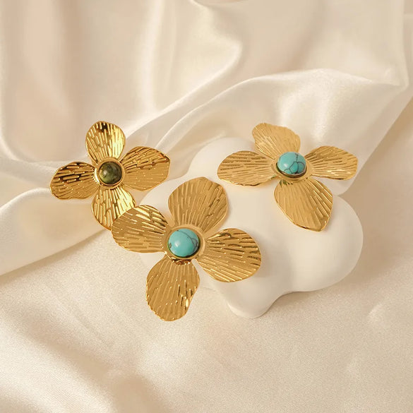 Wholesale Jewelry Elegant Sweet Flower 304 Stainless Steel Turquoise 14K Gold Plated Plating Inlay Rings Earrings Jewelry Set