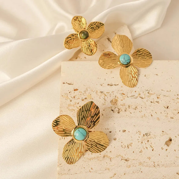 Wholesale Jewelry Elegant Sweet Flower 304 Stainless Steel Turquoise 14K Gold Plated Plating Inlay Rings Earrings Jewelry Set