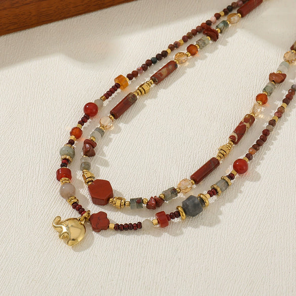 Wholesale Jewelry Elephant Pendant Clavicle Chain Titanium Steel Czech Beads Red Agate Natural Stone Handmade For Women