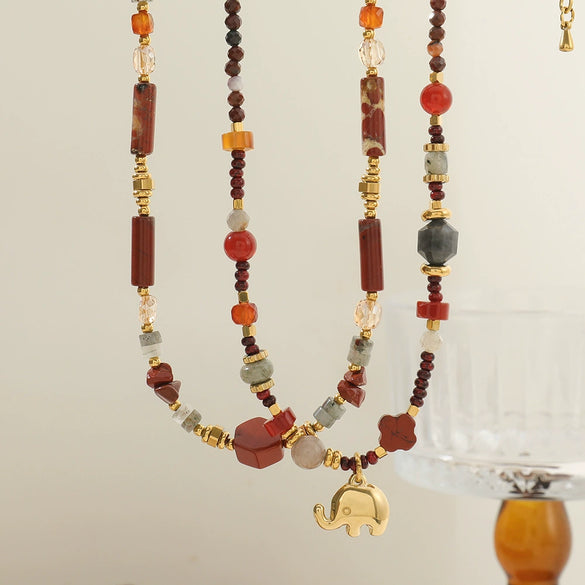 Wholesale Jewelry Elephant Pendant Clavicle Chain Titanium Steel Czech Beads Red Agate Natural Stone Handmade For Women