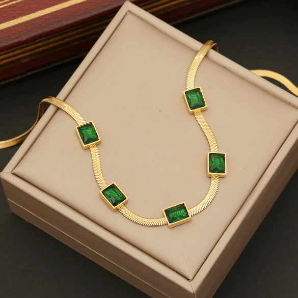 Wholesale Jewelry Emerald Square Stainless Steel Snake Chain Necklace With Geometric Design And Electroplating Treatment For Women