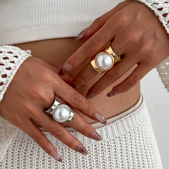 Wholesale Jewelry Exaggerated Alloy Imitation Pearl Geometric Ring With Electroplating